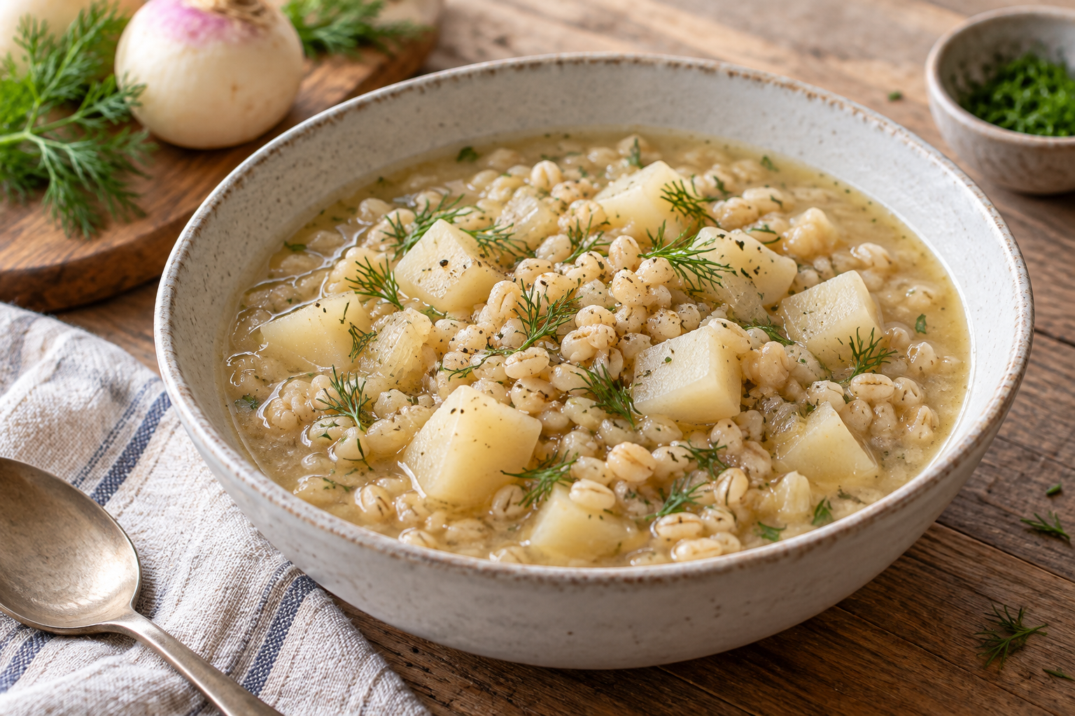 Tender turnip cubes and barley in a modest dill-flecked pot.