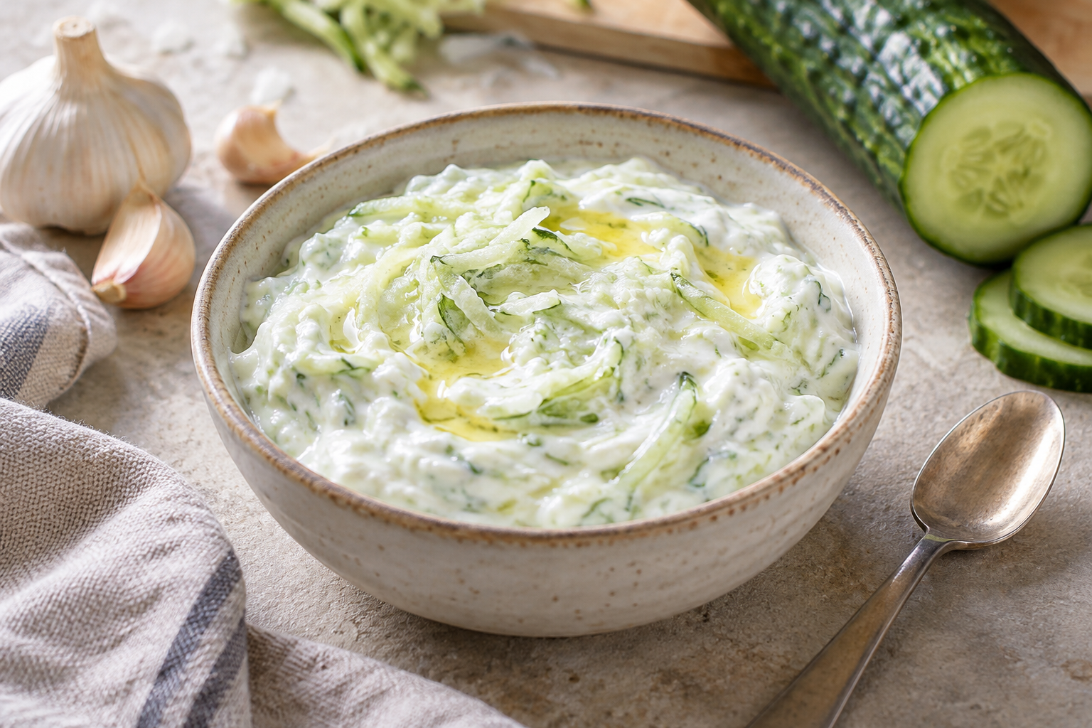 Thick yogurt with fine cucumber threads and a light oil sheen.