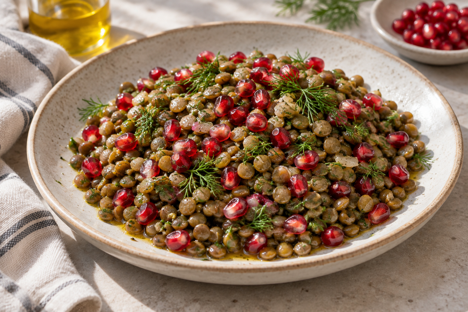 Whole green lentils topped with fresh pomegranate arils.