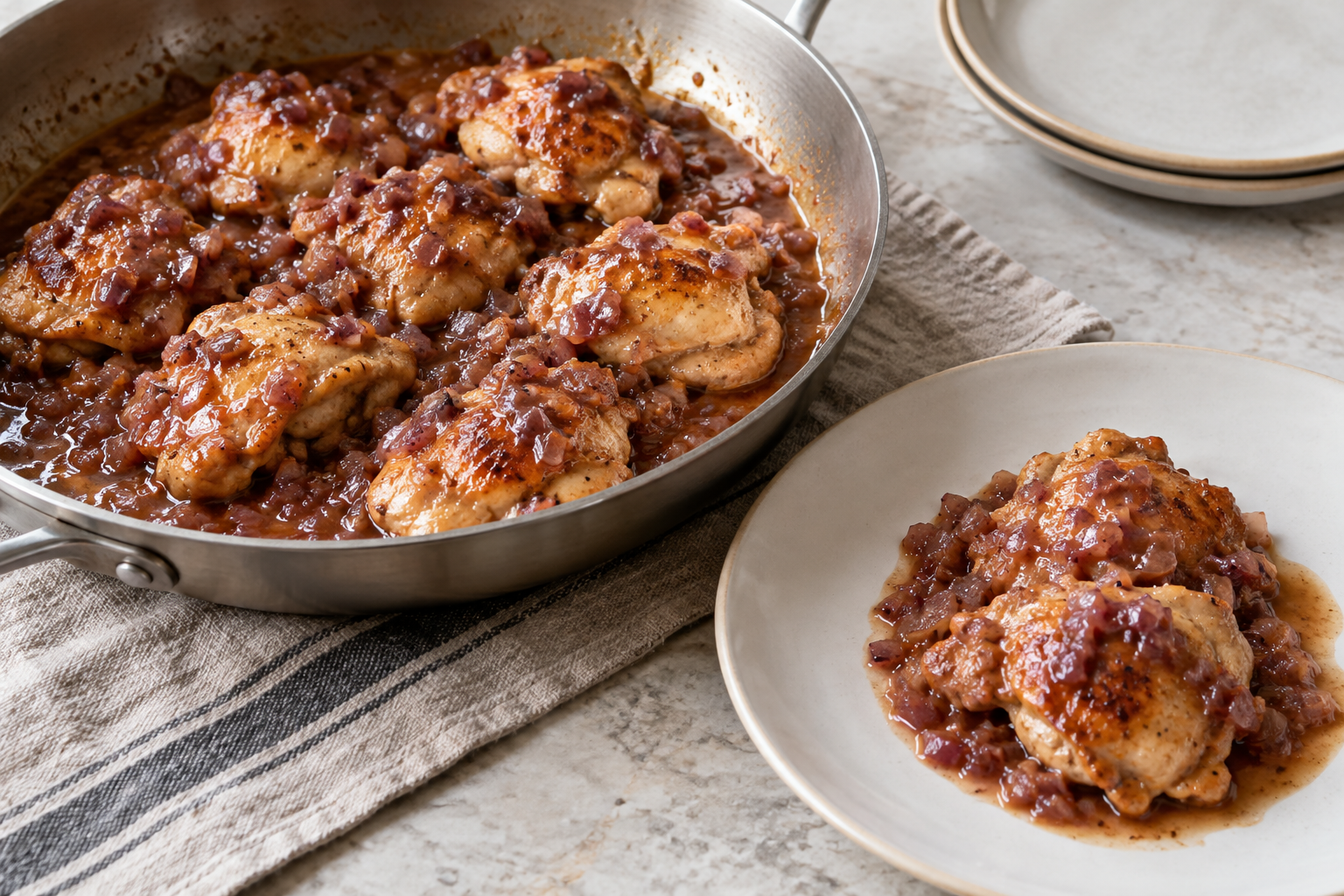 Chicken thigh pieces lightly coated in a grape-and-vinegar pan glaze.