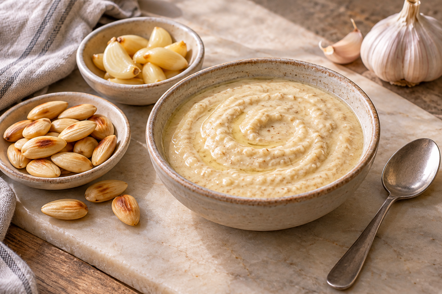 A pale almond and garlic sauce beside toasted almonds and cooked garlic.
