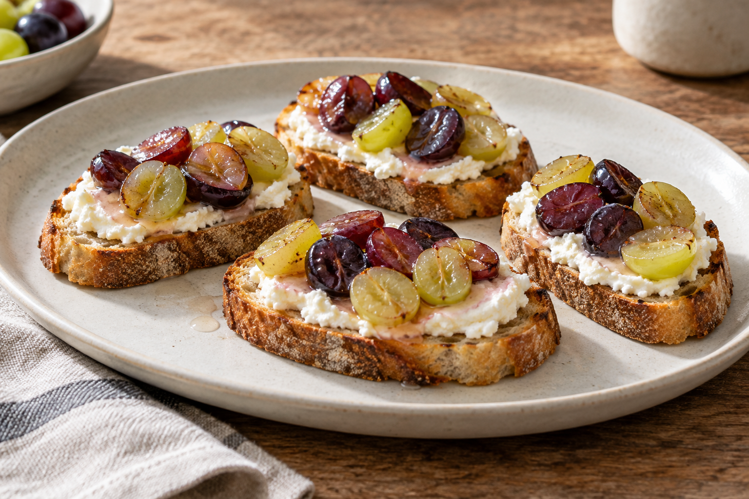 Crisp toast topped with soft white cheese and warmed grape halves.