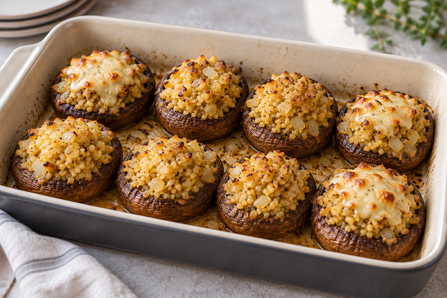 Roast mushroom caps hold a soft cooked millet filling.