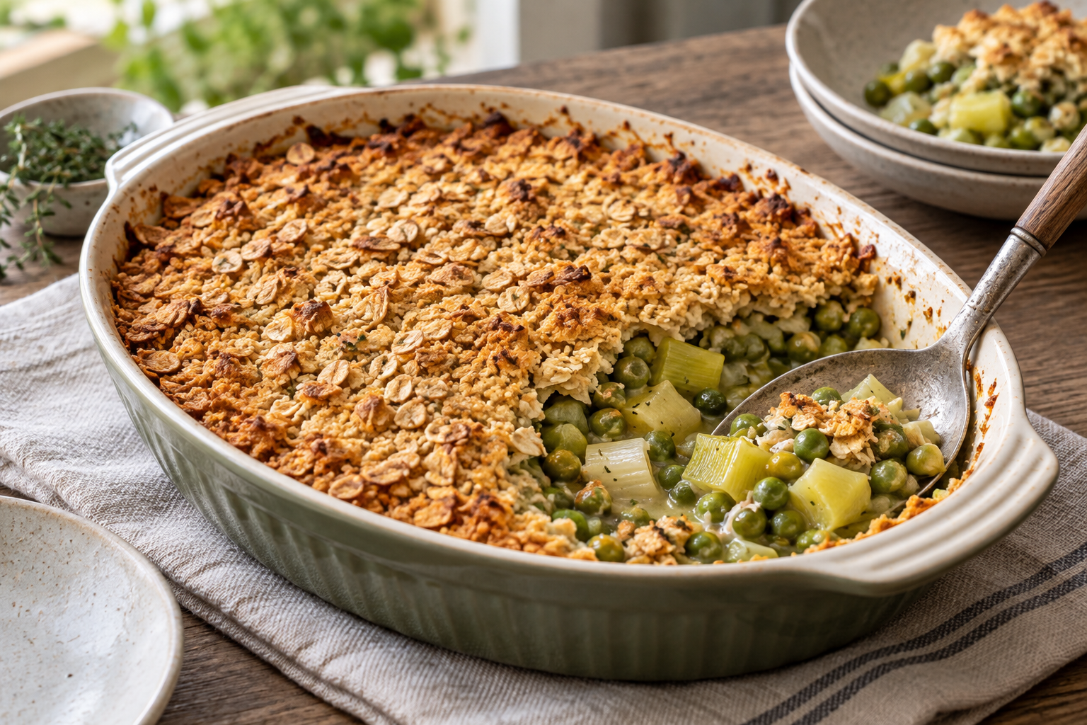 A light toasted-oat topping covers whole peas and soft leeks.