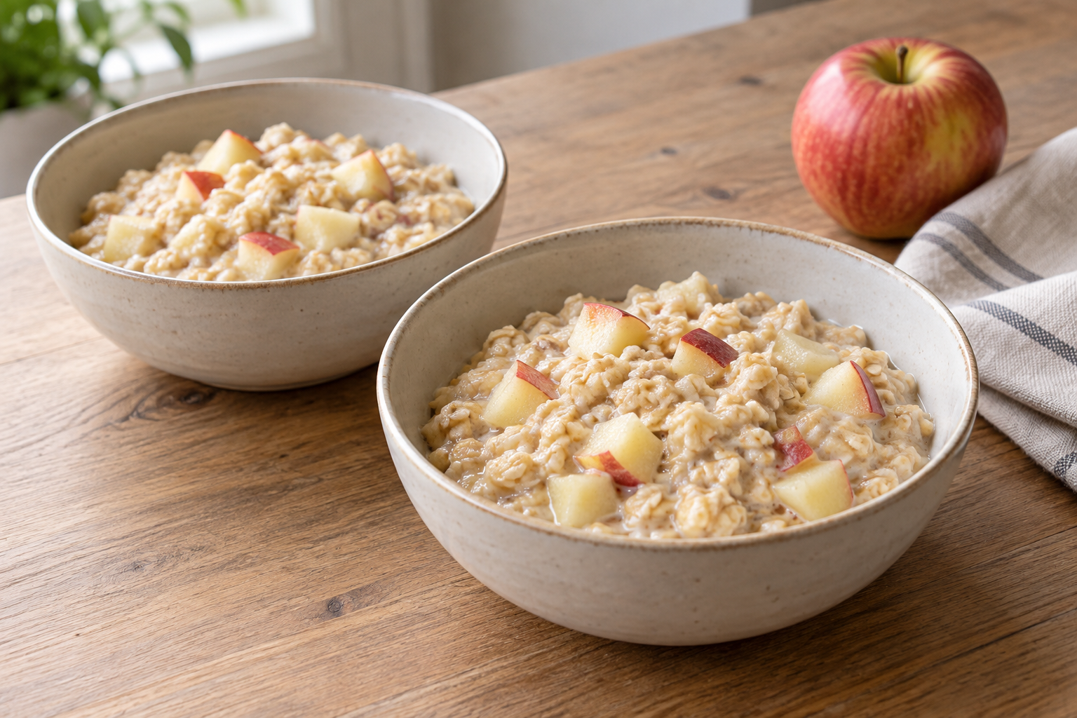 Creamy oat porridge with small tender apple pieces.