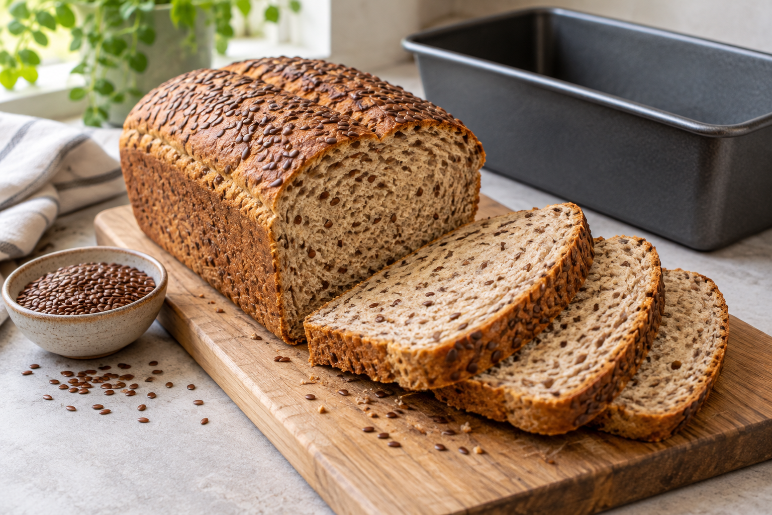 Sliced wheat loaf with flaxseed visible in the cooked crumb.
