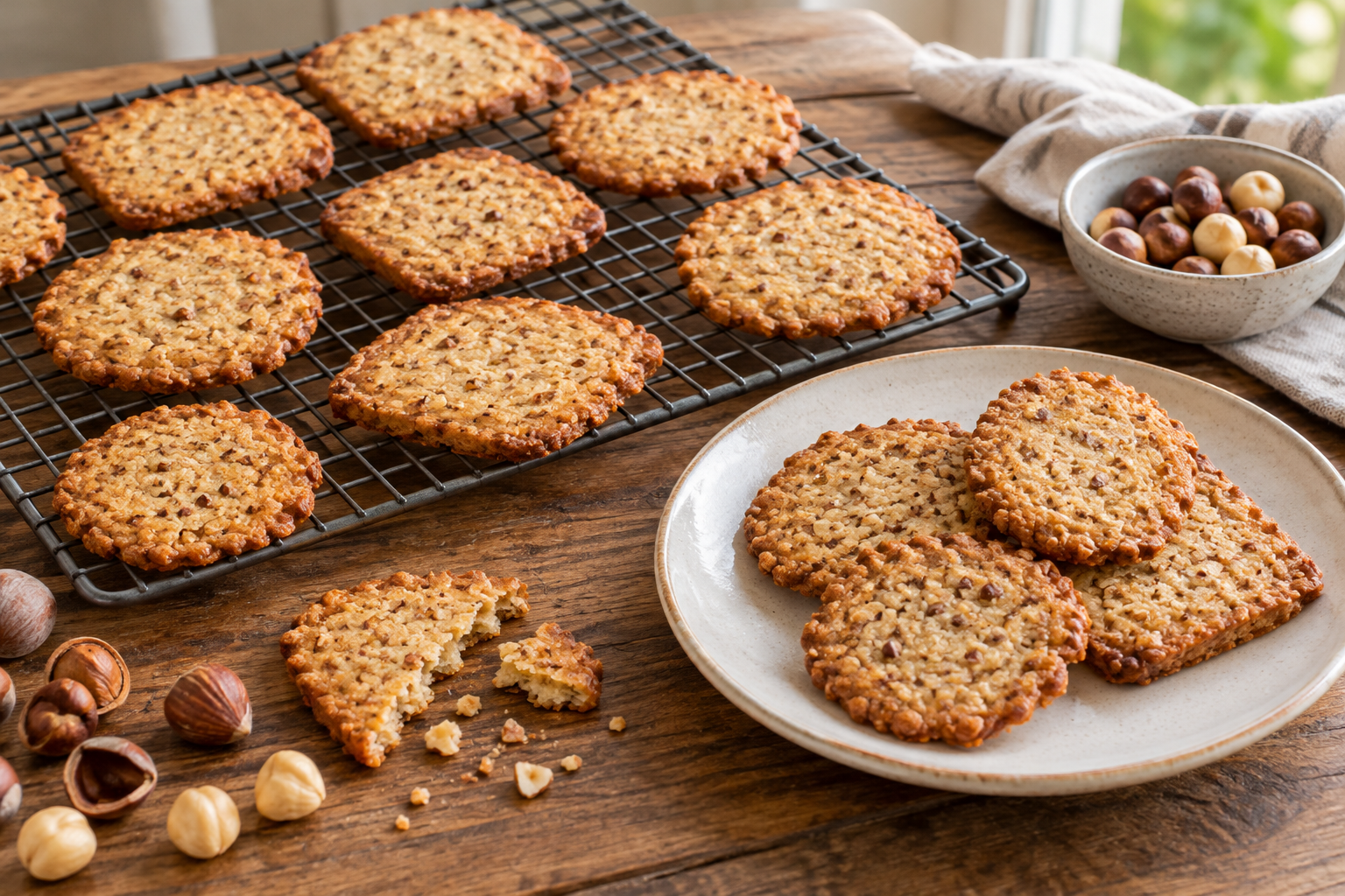 Small crisp wheat biscuits with a finely chopped hazelnut texture.