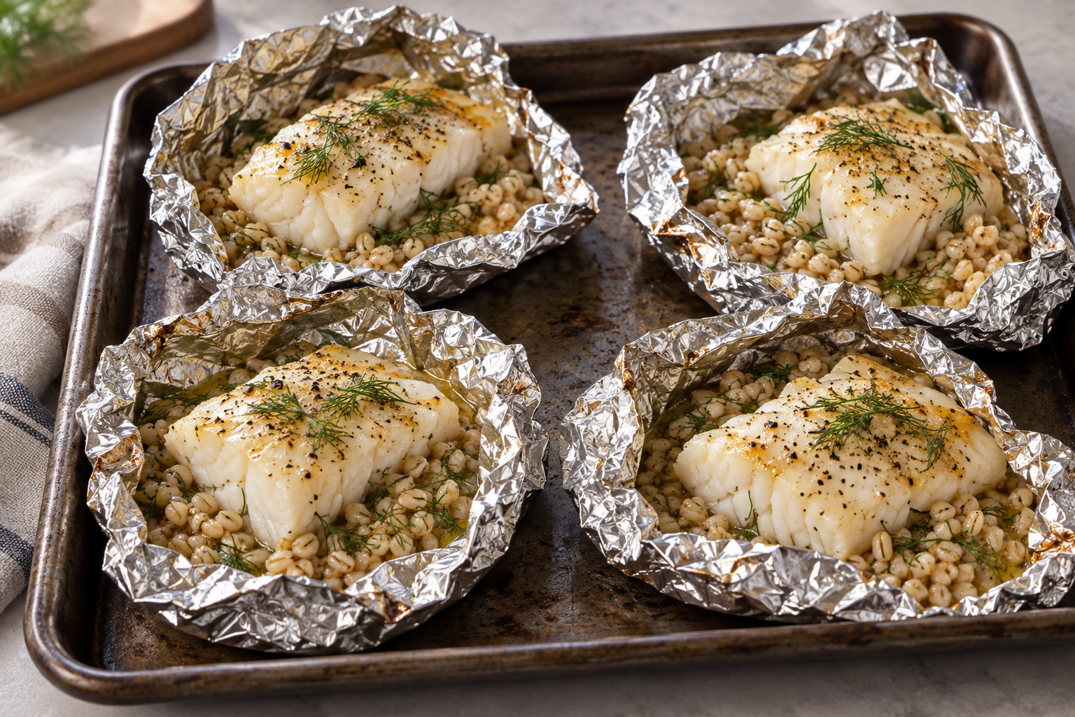 Opened foil parcels reveal cooked cod fillets over barley.