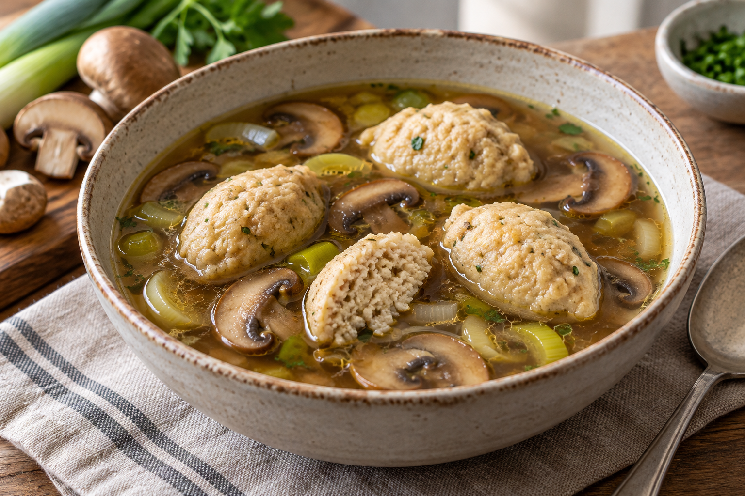 Small wheat dumplings sit in a mushroom and leek broth.