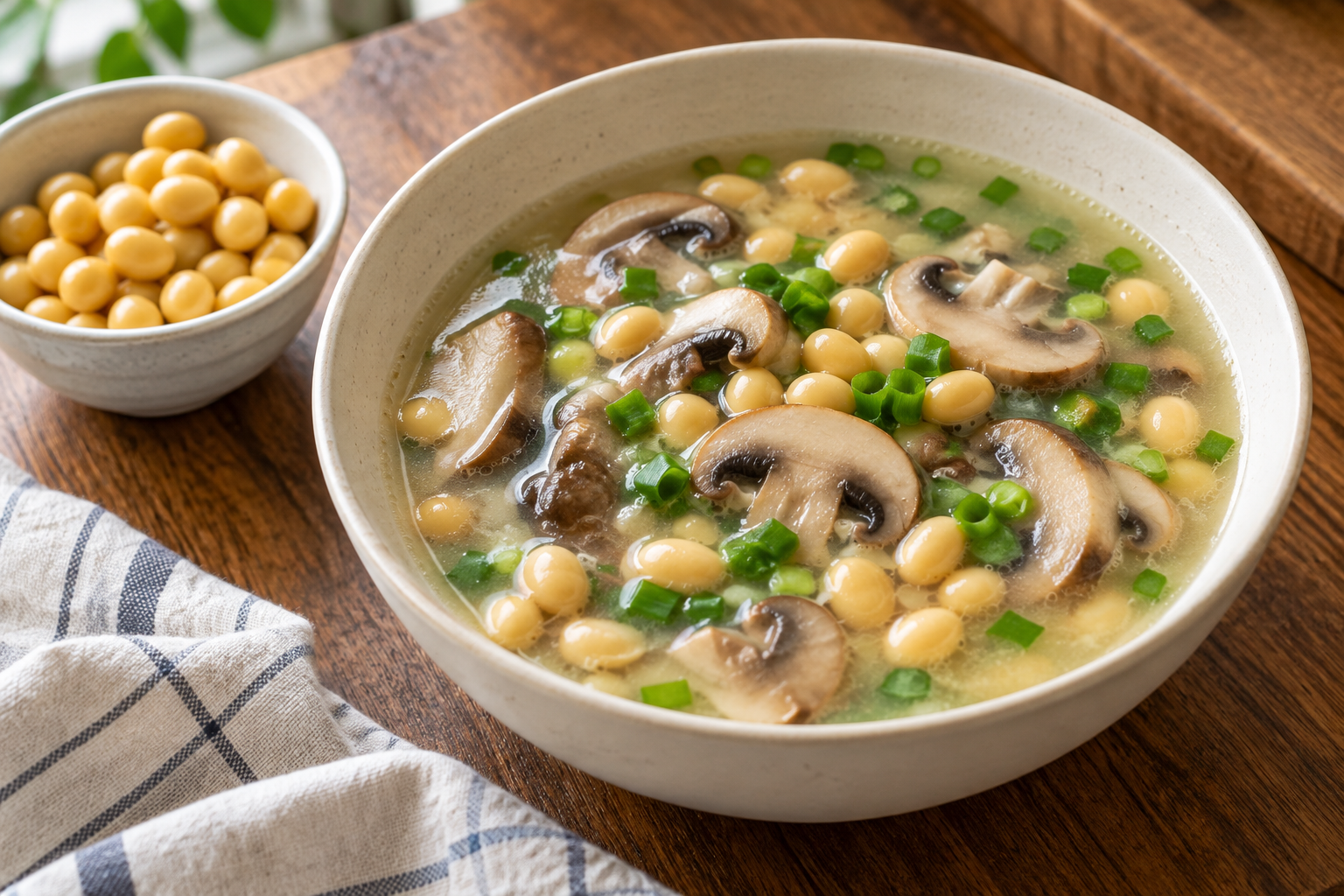 Yellow soybeans and brown mushroom slices in a light scallion broth.