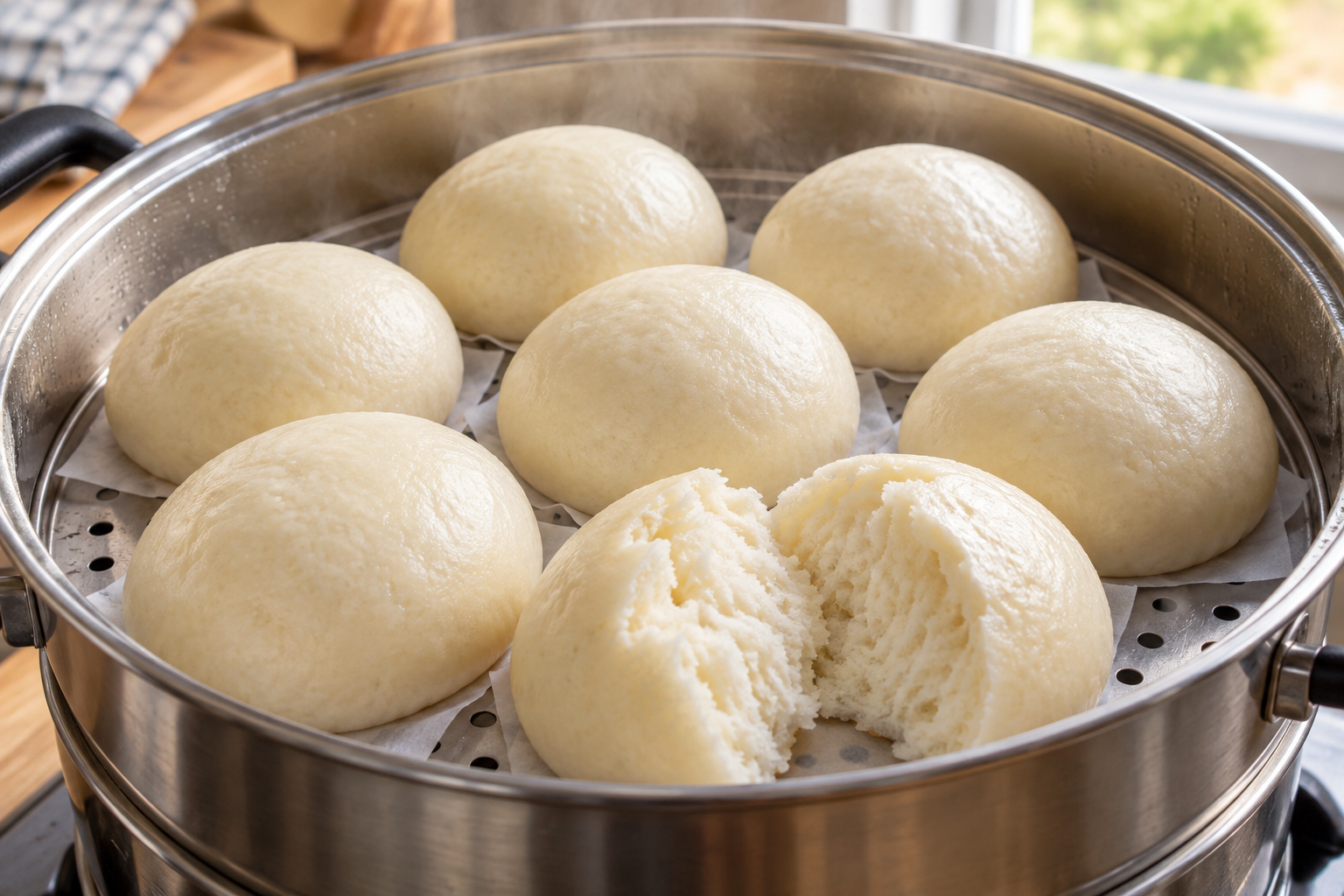 Pale steamed wheat rolls, one opened to reveal the soft crumb.