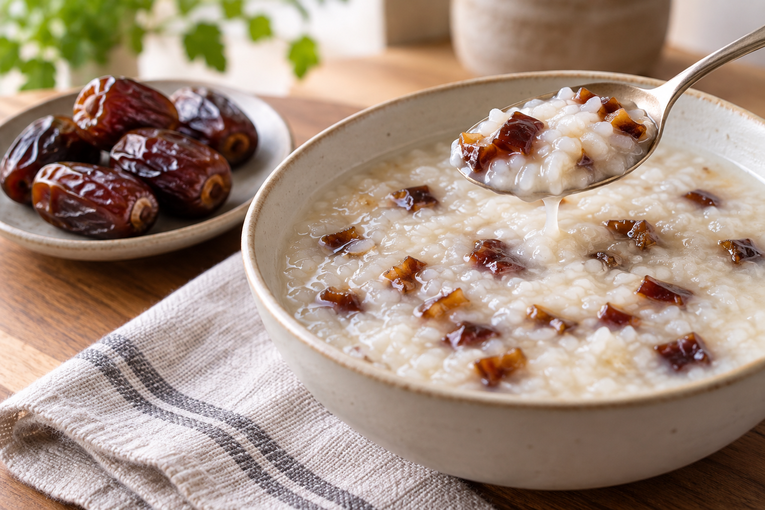 Soft white rice porridge with small pieces of chopped palm date.