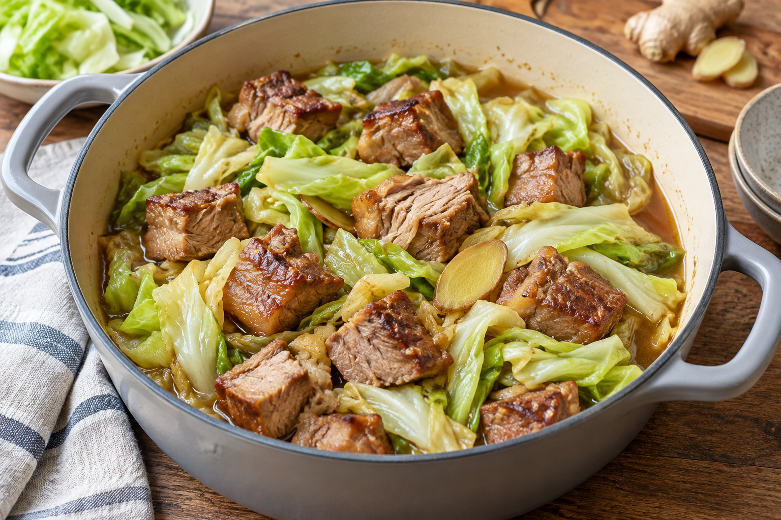 Tender pork cubes and soft cabbage in a shallow brown braising liquid.