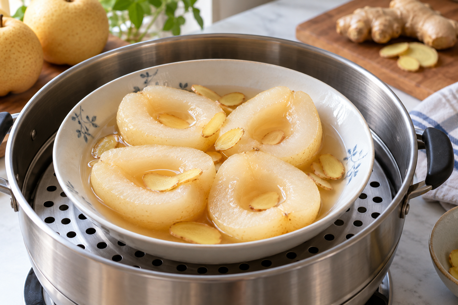 Steamed pear halves in a light syrup with thin ginger slices.