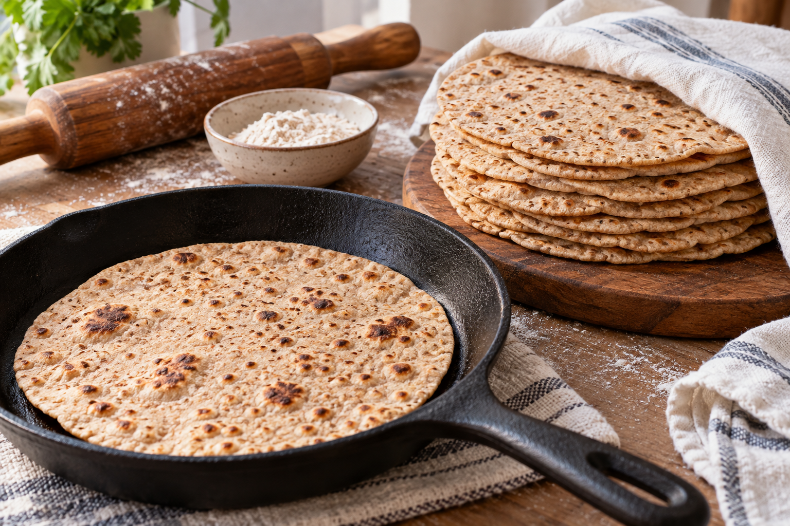 Thin wholewheat flatbreads with toasted spots, stacked beside a skillet.
