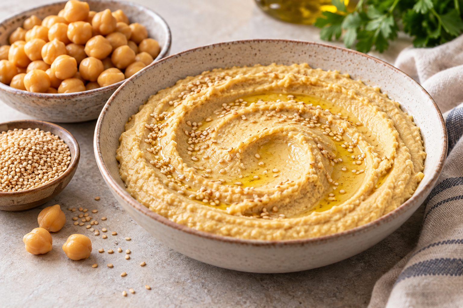 A smooth chickpea and toasted-sesame spread beside its bean and seed ingredients.