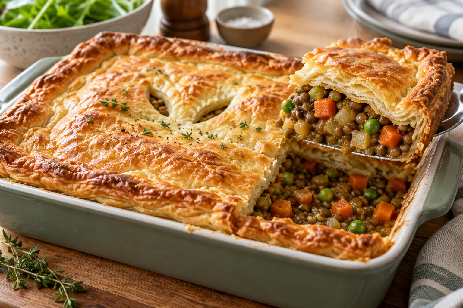 A golden pastry lid above brown lentils, carrot and peas in a vegetarian potpie.