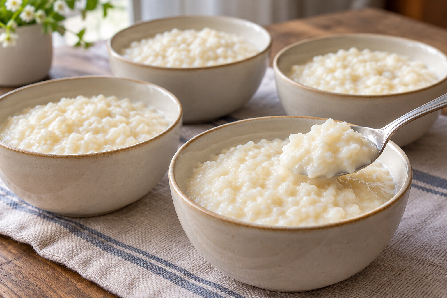 Plain creamy milk-rice pudding in four small bowls.