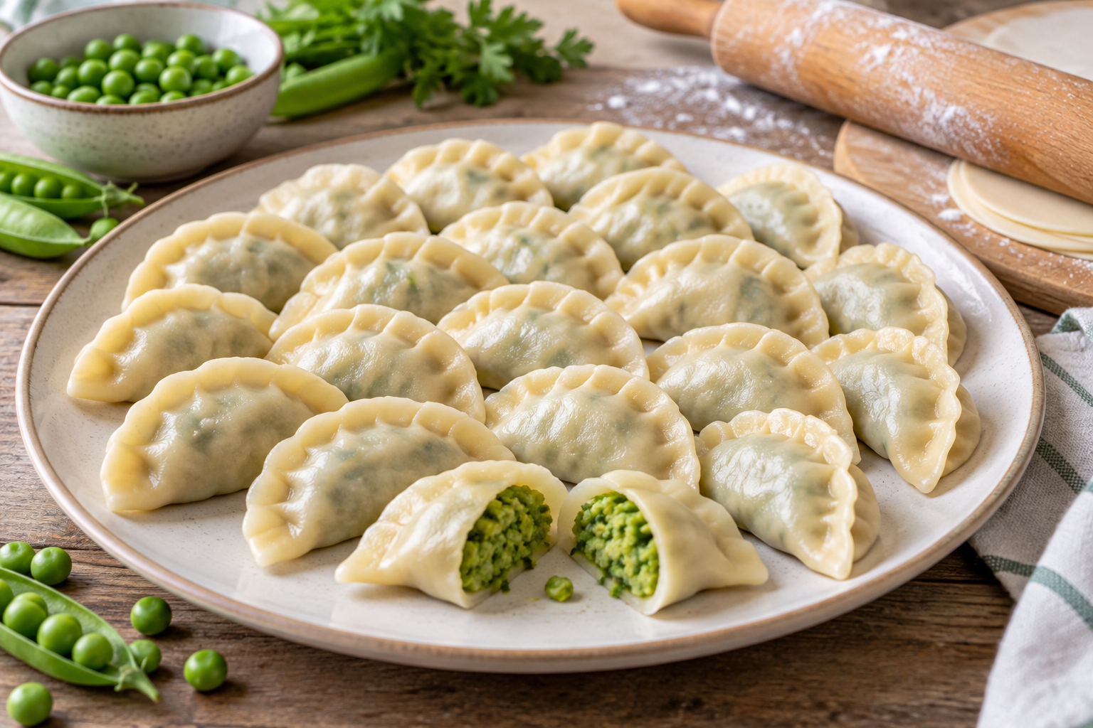 Tender wheat dumplings, one cut open to show its green pea filling.
