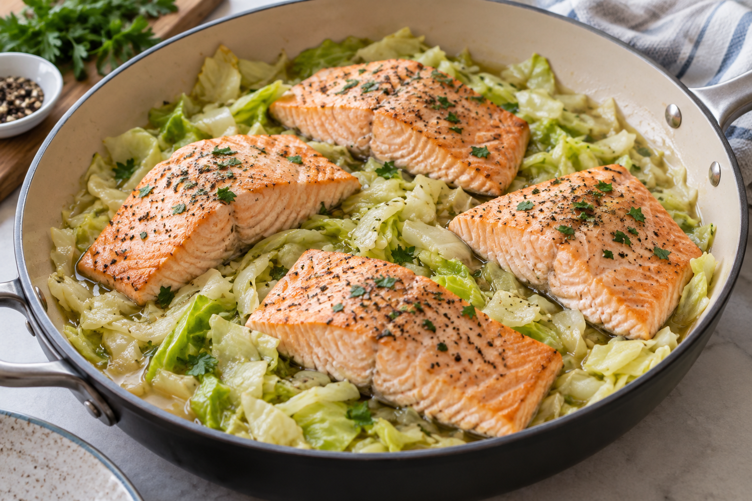 Four cooked salmon portions resting on tender sliced cabbage.
