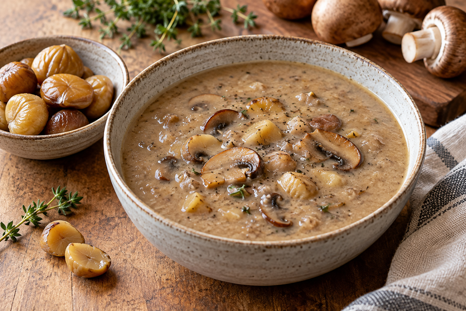A creamy-looking chestnut soup with whole chestnut pieces and browned mushroom slices.