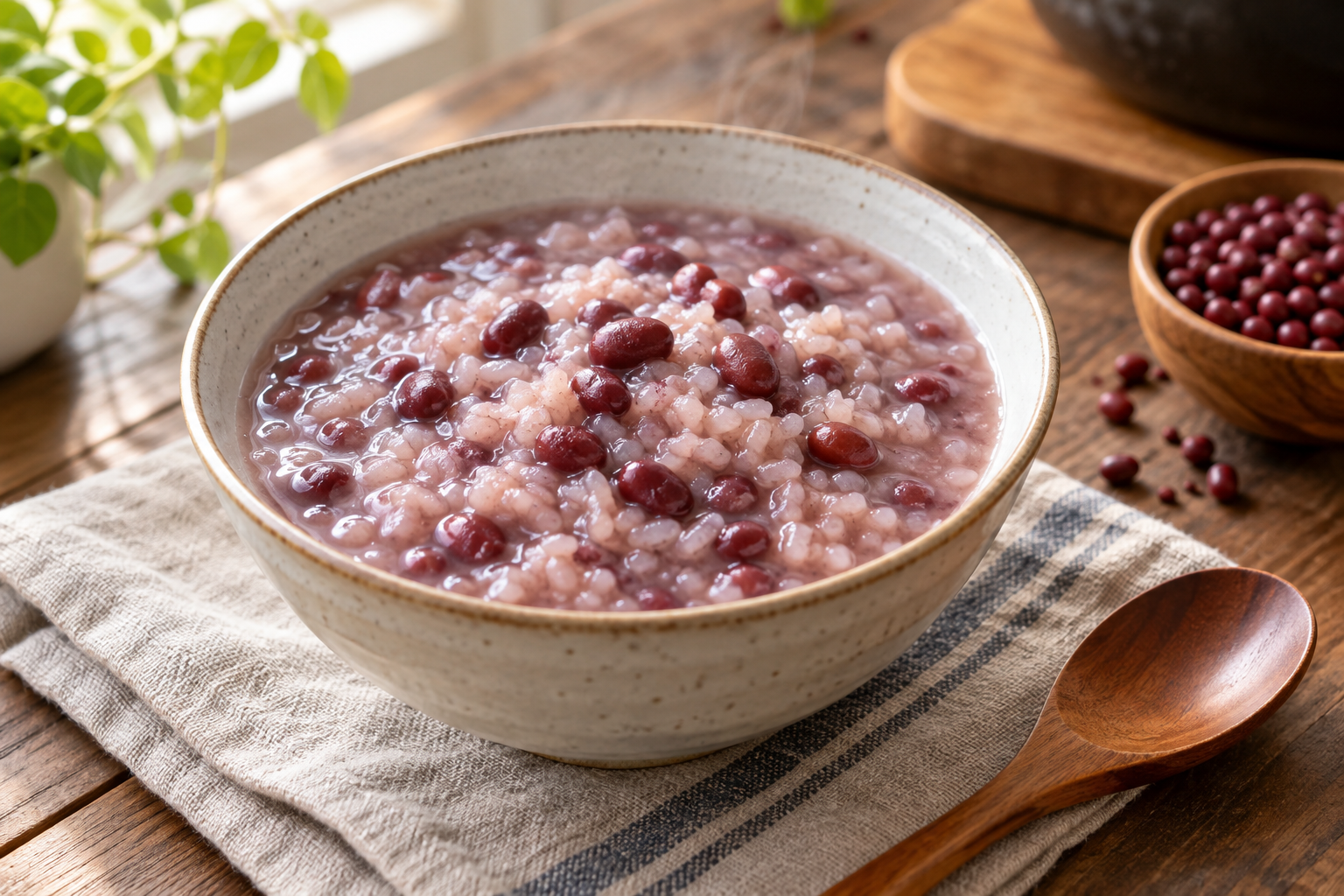 Soft rice porridge colored lightly by red beans, with whole beans visible.