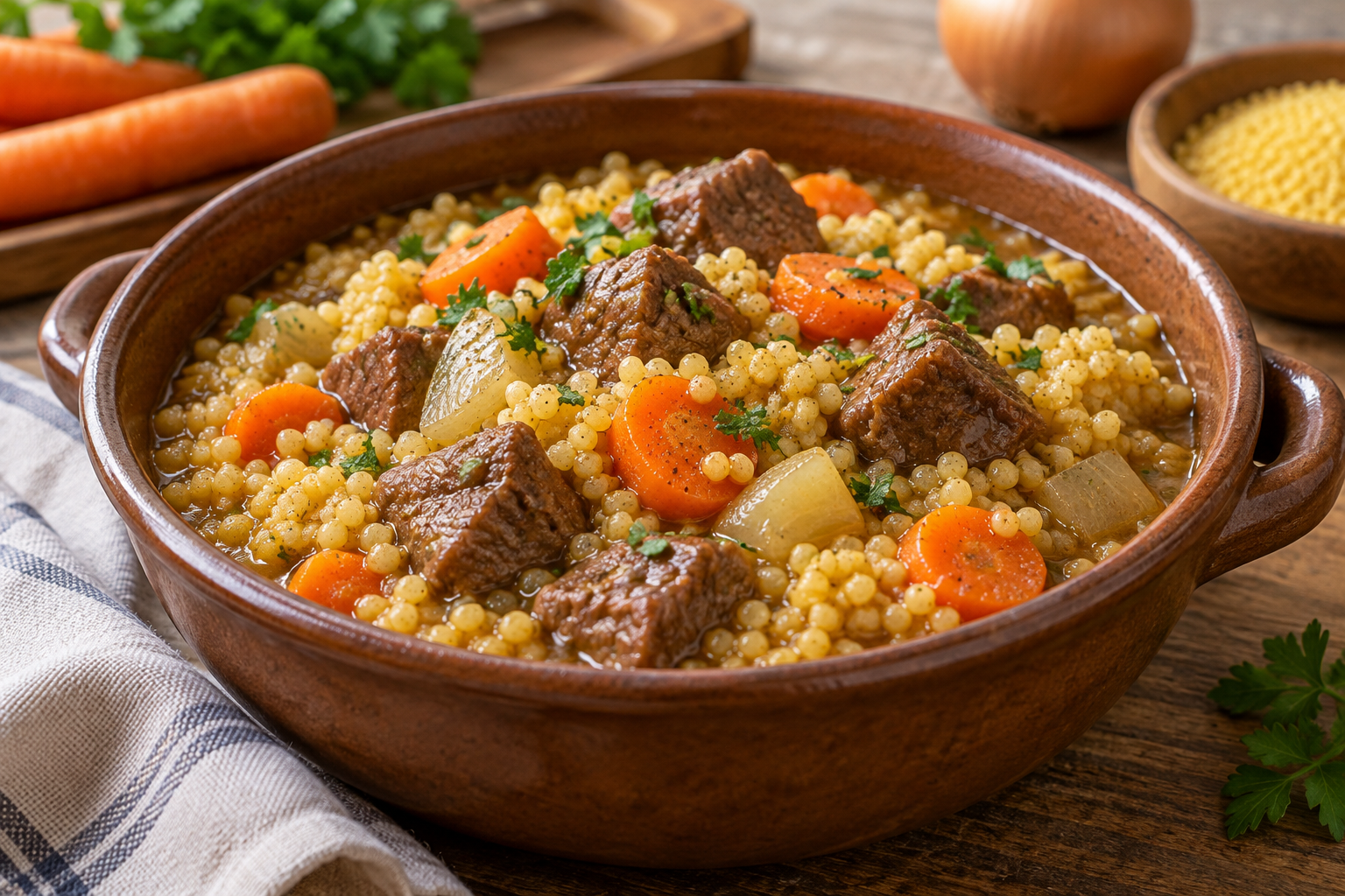 Fork-tender beef, soft millet and carrot pieces in a thick one-pot meal.