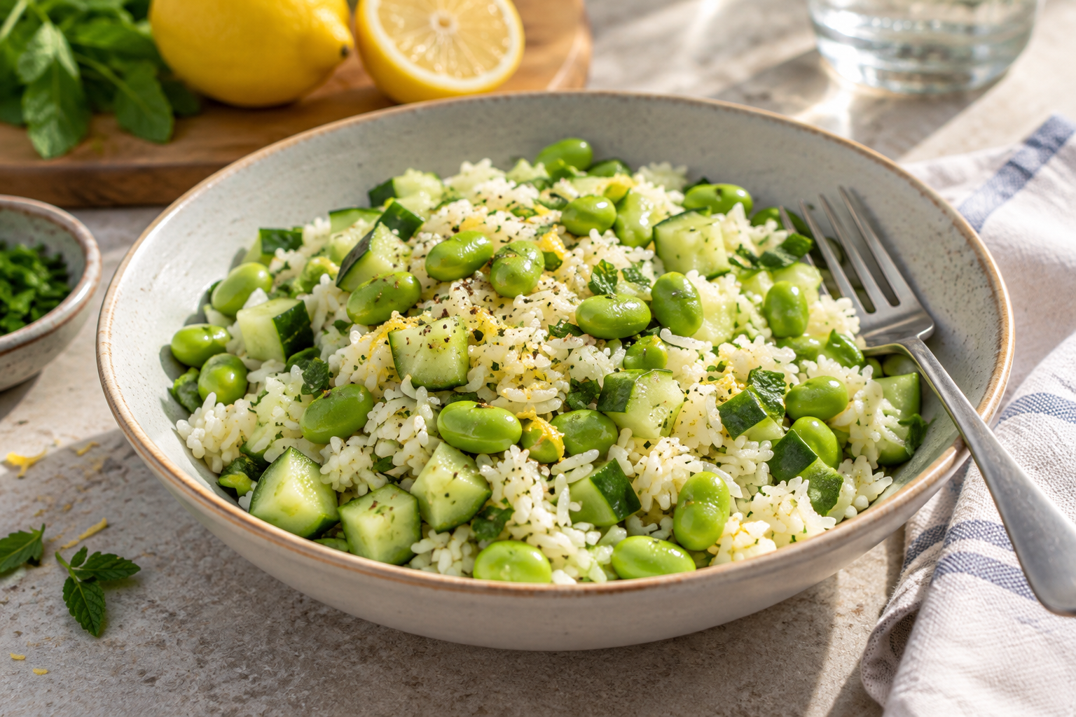 A fresh salad of white rice, green edamame and cucumber cubes.