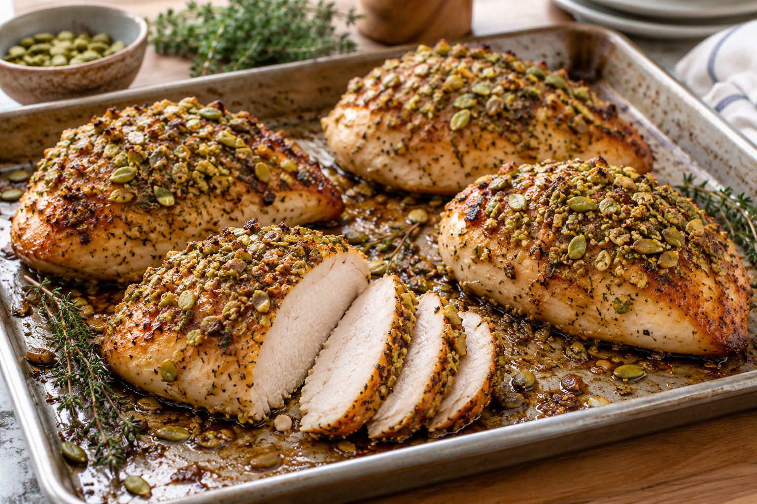 Sliced turkey breast with a lightly browned pumpkin-seed coating.