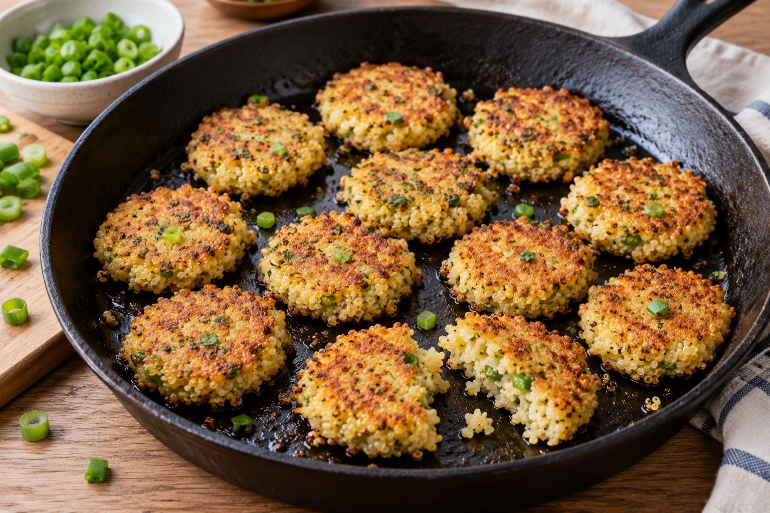 Thin golden quinoa cakes with distinct grains visible in the broken center.