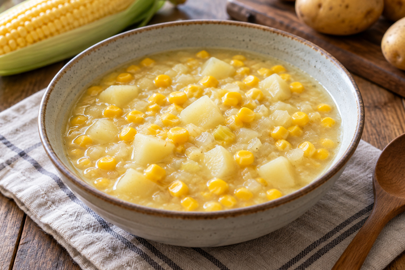 Potato cubes and yellow corn kernels in a pale, naturally thickened chowder.