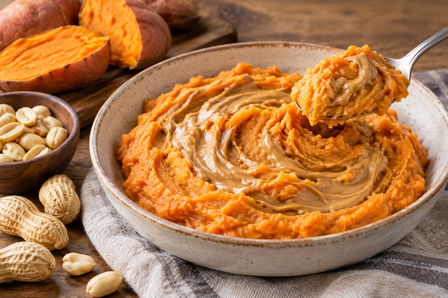 Soft orange sweet-potato mash enriched with plain peanut butter.
