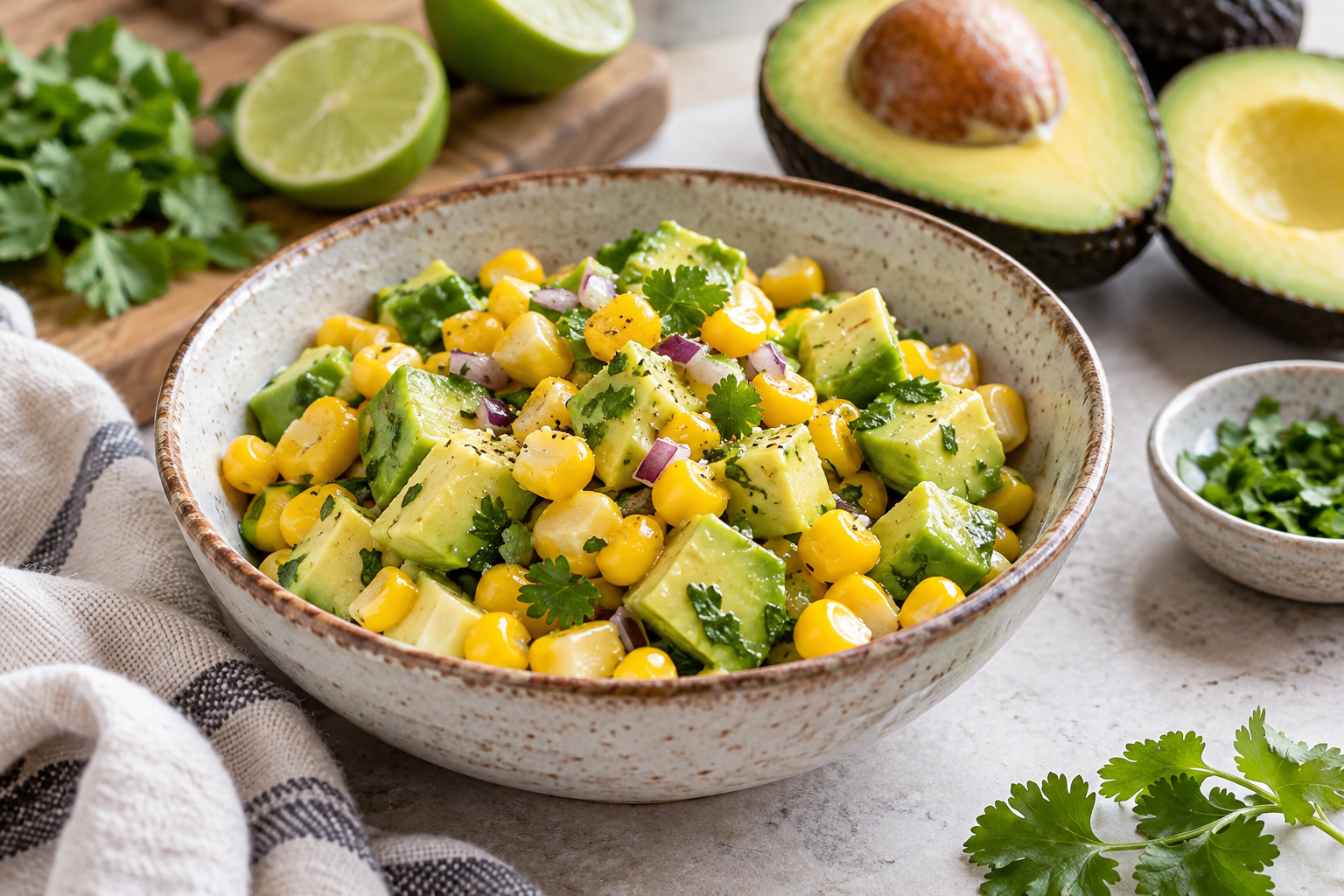 Diced ripe avocado and yellow sweetcorn in a fresh lightly dressed relish.