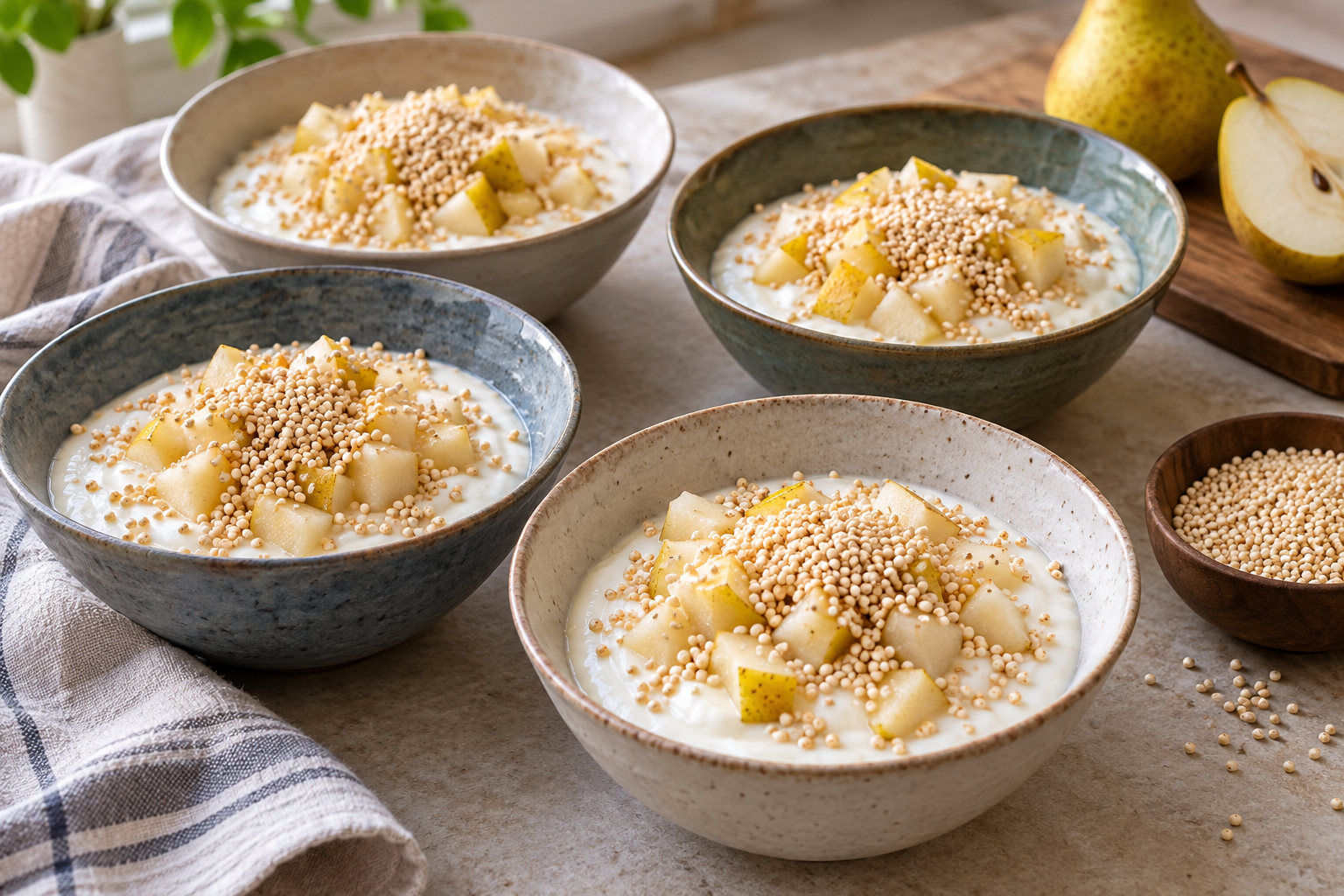 Puffed amaranth scattered over plain yogurt and diced pear.