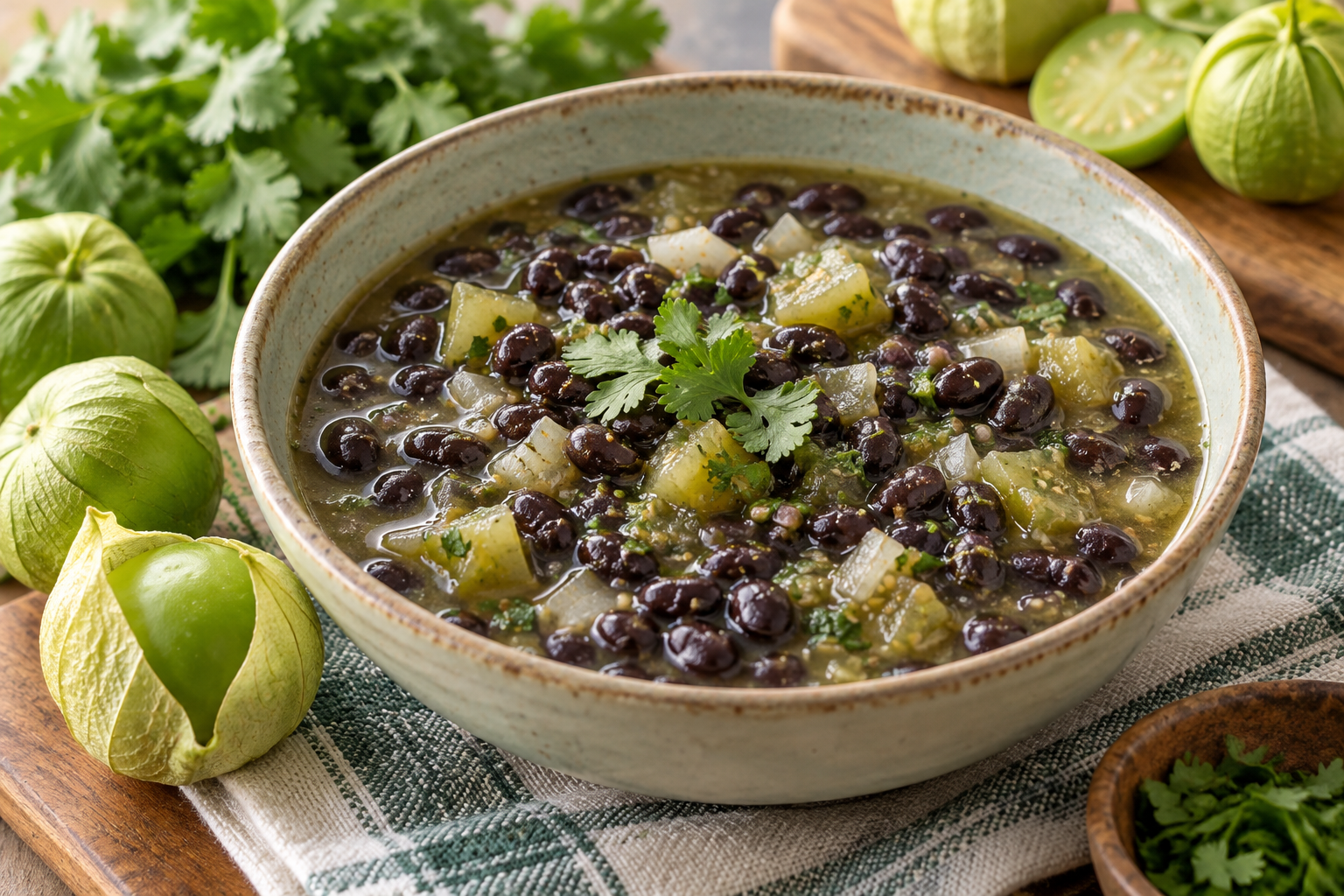 Whole black beans and soft tomatillo pieces in a light green soup.