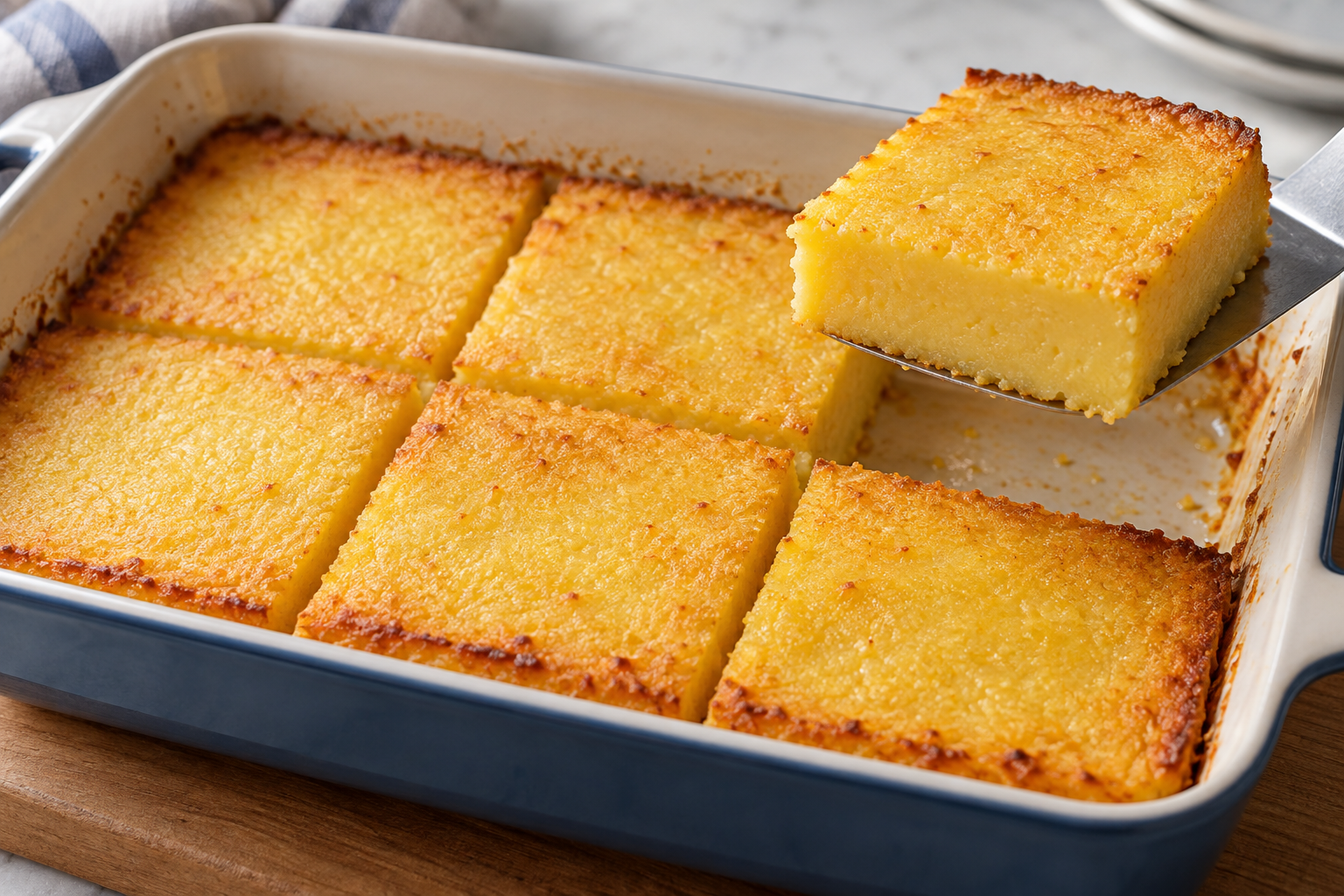 Golden baked cornmeal squares with a firm top and moist interior.