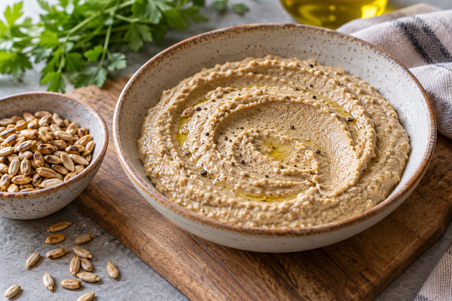 A soft tan sunflower-kernel spread beside toasted hulled seeds.