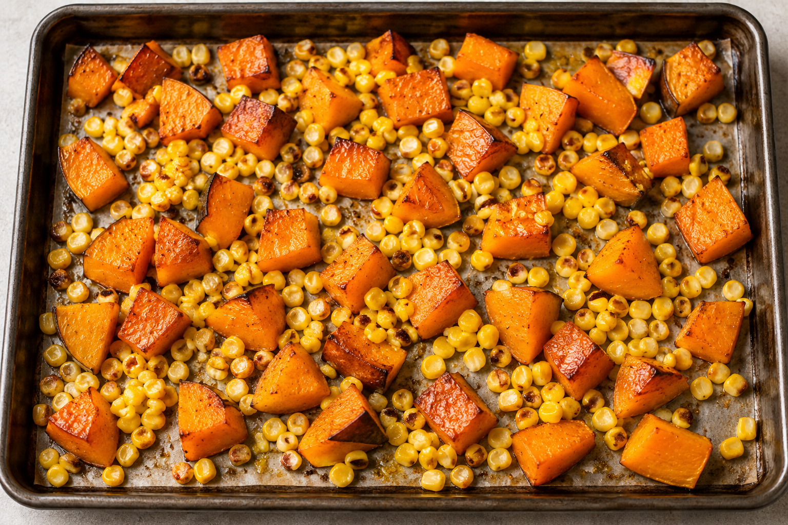 Brown-edged winter-squash pieces and yellow corn kernels on an oven tray.