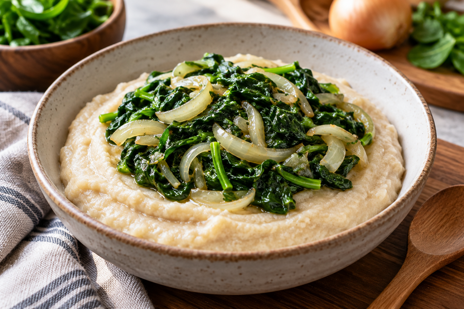 Soft sorghum mash topped with sautéed spinach and onion.