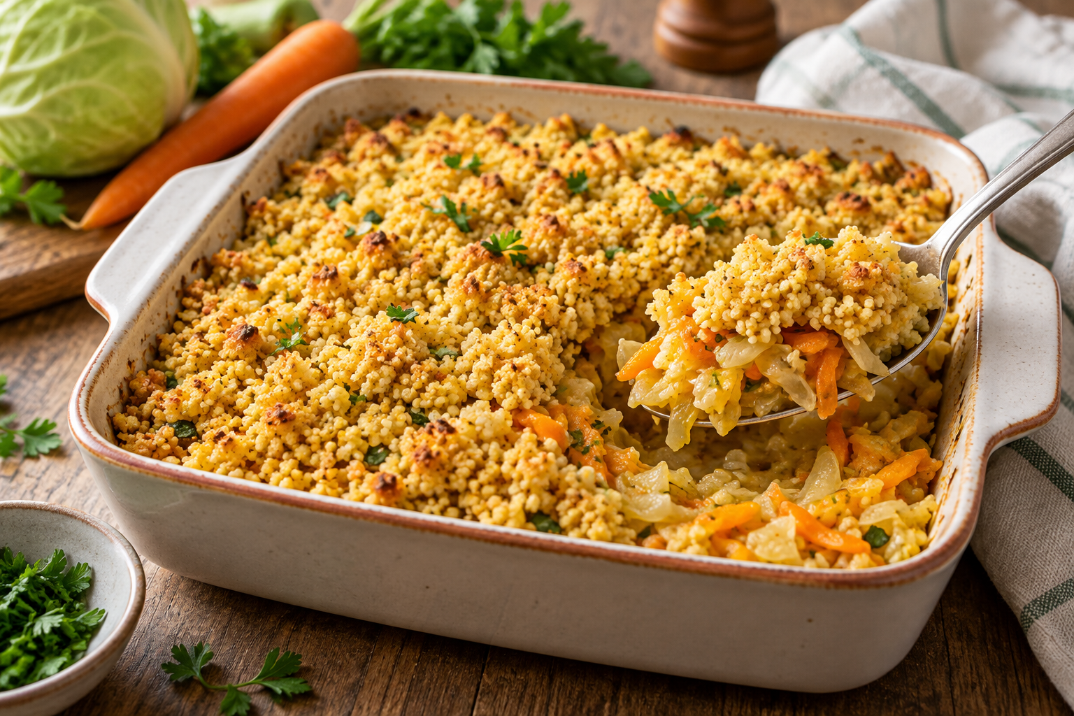 A golden crumb topping above cooked cabbage and carrot in a savory vegetable bake.