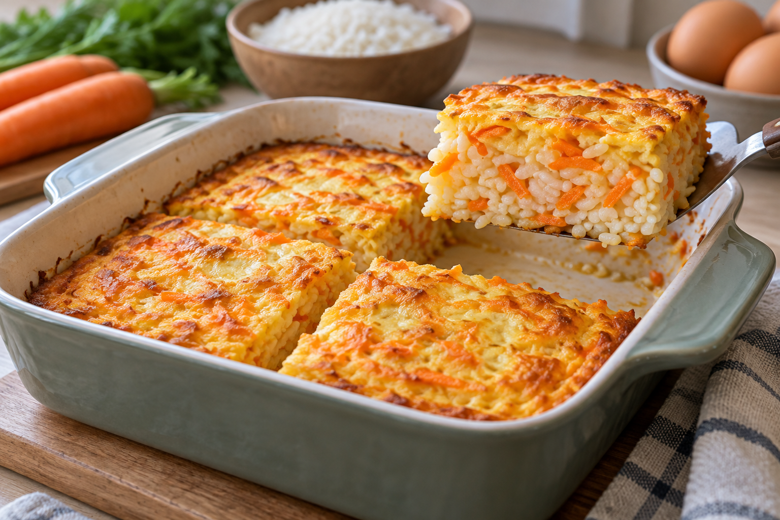Rice grains and grated carrot held in a gently golden egg bake.