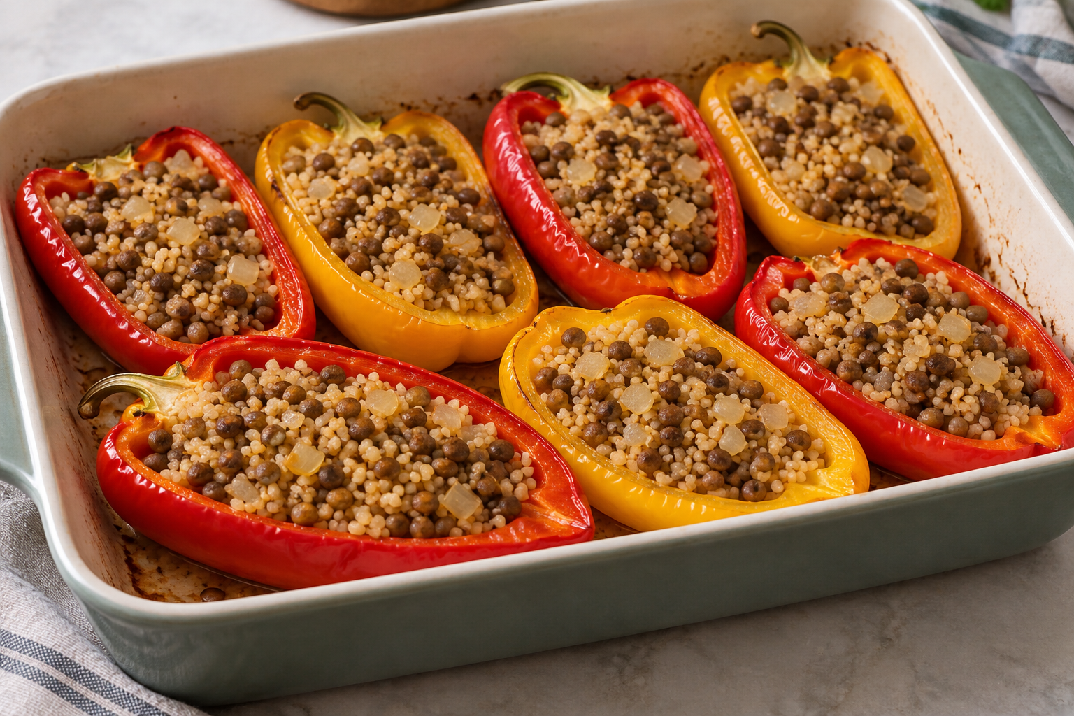 Tender bell-pepper halves filled with bulgur wheat and whole brown lentils.
