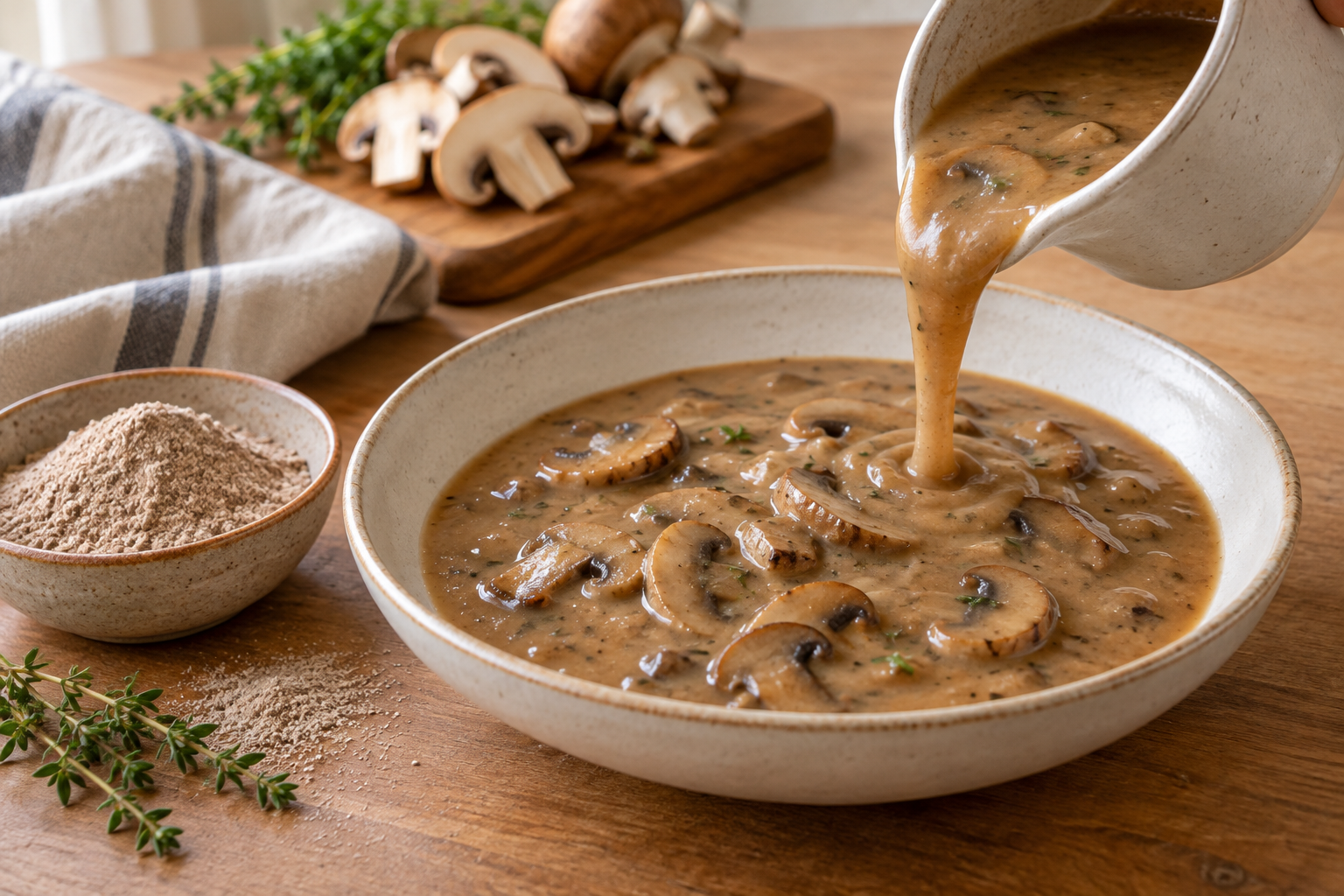 A pourable mushroom gravy thickened with brown teff flour.