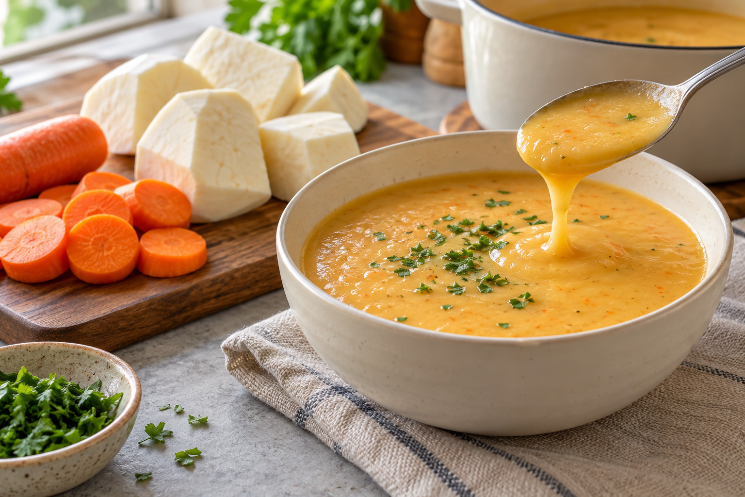 A smooth pale golden yam and carrot soup beside prepared commercial tuber pieces.