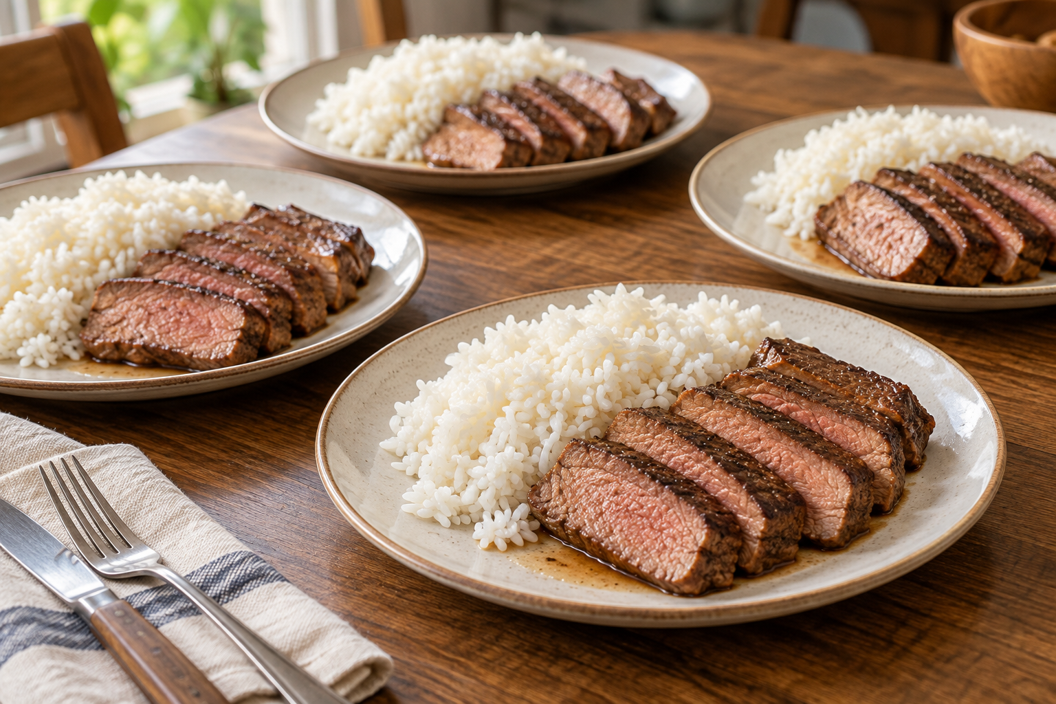 Sliced seared beef with separate plain white rice and a little pan juice.