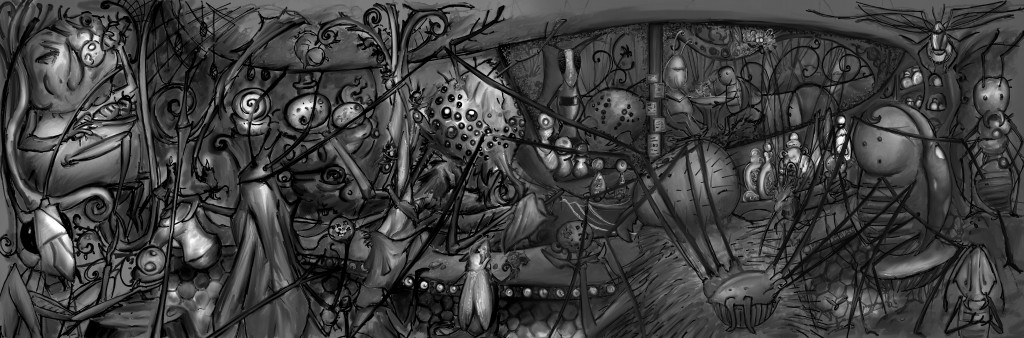 Dense panoramic Bug Bar drawing from a dream