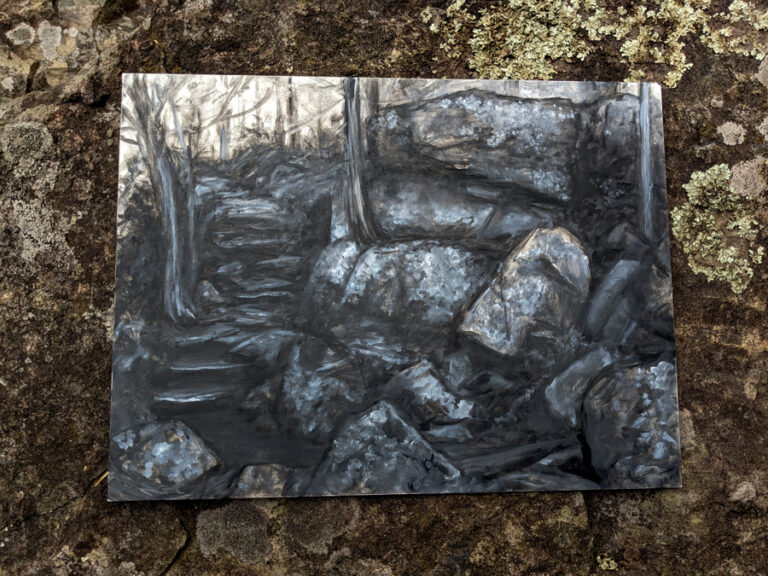 Painted study of the cliffs and water at Taylors Falls