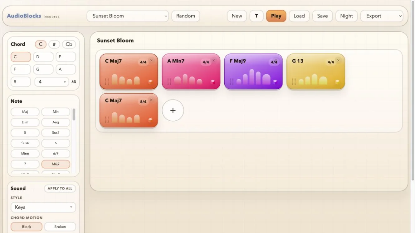 AudioBlocks songboard with colorful chord blocks arranged across the timeline