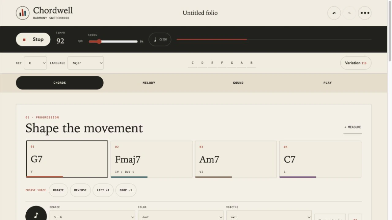 Chordwell’s active harmony workspace playing a four-chord progression at 92 BPM