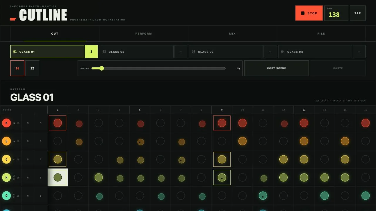 CUTLINE probability drum workstation running the Glass 01 pattern at 138 BPM, with multicolored sequencer steps and scene controls